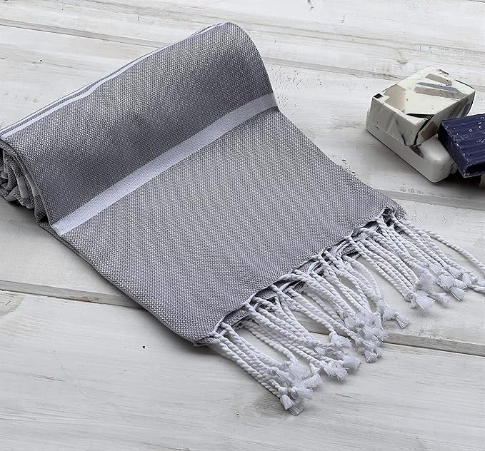 Beach Towel 100% Cotton Turkish Beach Towel Adult 38x70 Inch Pre-washed Absorbent Extra Large|Sand Free Quick Dry BathTowels|Lightweight Blanket|Travel Cruise Camping Spa Gym Towel|Gray Pinstripe