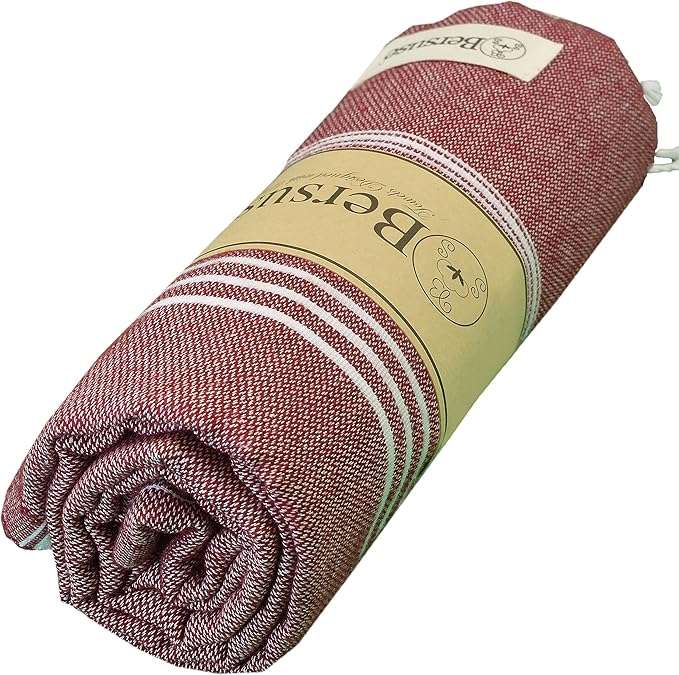 Bersuse Towels Anatolia XL Beach Blanket Throw Blanket Turkish Towel 100% Cotton Extra-Large Quick-Dry Lightweight Premium Peshtemal Towel - 61x82 Inches, Burgundy