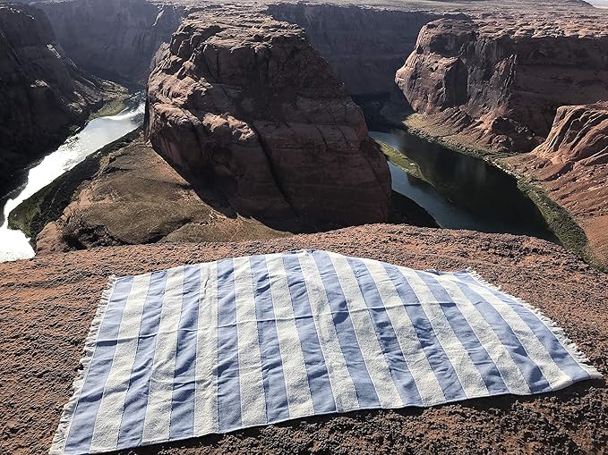 Lightweight Turkish Beach Towel - 100% BCI Cotton, Unbleached Raw Fringe, Oeko-TEX Certified, Absorbent, Eco-Friendly, 36x66”, Sky Blue & Natural Stripes, Portable Sarong Blanket for Pool, Travel