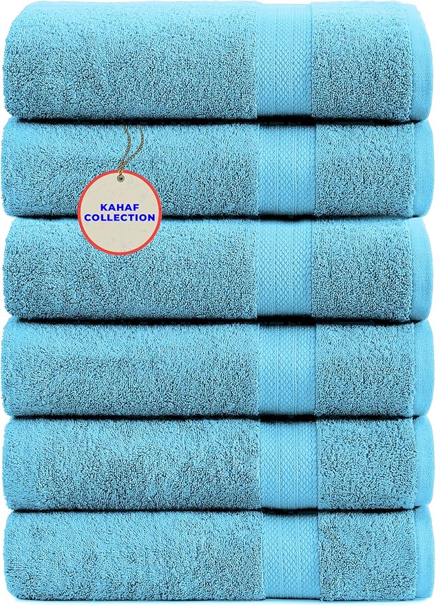 KAHAF COLLECTION 100% Cotton Bath Towels, 24x48 Pack of 6 Towels, Quick Dry, Highly Absorbent, Soft Feel Towel, Gym, Spa, Bathroom, Shower, Pool, Luxury Soft Towels (Aqua, 24x48-6 Pack)