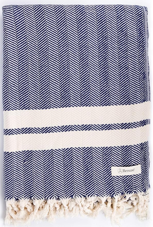 Bersuse 100% Cotton Herringbone XL Throw Blanket for Couch - 100% Cotton Lightweight Durable Throw Blanket, Big Blanket for Sensitive Skin, Decorative and Versatile - 63x94 Inches, Dark Blue