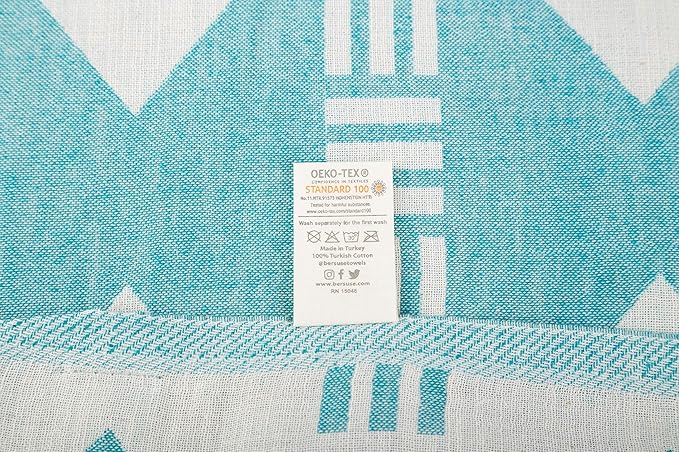Bersuse 100% Cotton Belize XL Throw Blanket Turkish Towel Beach Blanket - Beach Camping Essentials - 75x90 Inches, Aqua