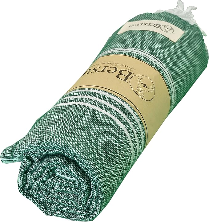 Bersuse Towels Anatolia XL Beach Blanket Throw Blanket Turkish Towel 100% Cotton Extra-Large Quick-Dry Lightweight Premium Peshtemal Towel - 61x82 Inches, Forest Green (Set of 3)