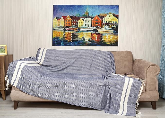Bersuse 100% Cotton Herringbone XL Throw Blanket for Couch - 100% Cotton Lightweight Durable Throw Blanket, Big Blanket for Sensitive Skin, Decorative and Versatile - 63x94 Inches, Dark Blue