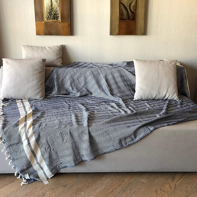 Bersuse 100% Cotton Herringbone XL Throw Blanket for Couch - 100% Cotton Lightweight Durable Throw Blanket, Big Blanket for Sensitive Skin, Decorative and Versatile - 63x94 Inches, Dark Blue