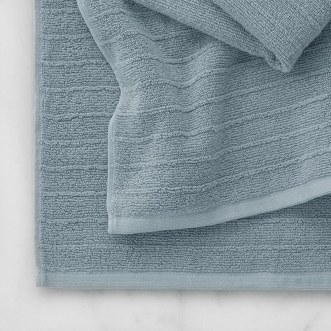 Welhome James 100% Cotton Textured Stripe Towel Set - 6 Piece Set of 2 Bath Towels, 2 Hand Towels, 2 Washcloths, Soft & Absorbent, Dusty Blue