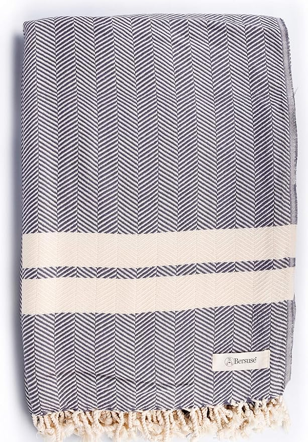 Bersuse 100% Cotton Herringbone XL Throw Blanket for Couch - 100% Cotton Lightweight Durable Throw Blanket, Big Blanket for Sensitive Skin, Decorative and Versatile - 63x94 Inches, Anthracite