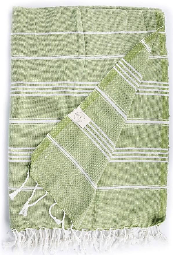 Bersuse Towels Anatolia XL Beach Blanket Throw Blanket Turkish Towel 100% Cotton Extra-Large Quick-Dry Lightweight Premium Peshtemal Towel - 61x82 Inches, Olive Green