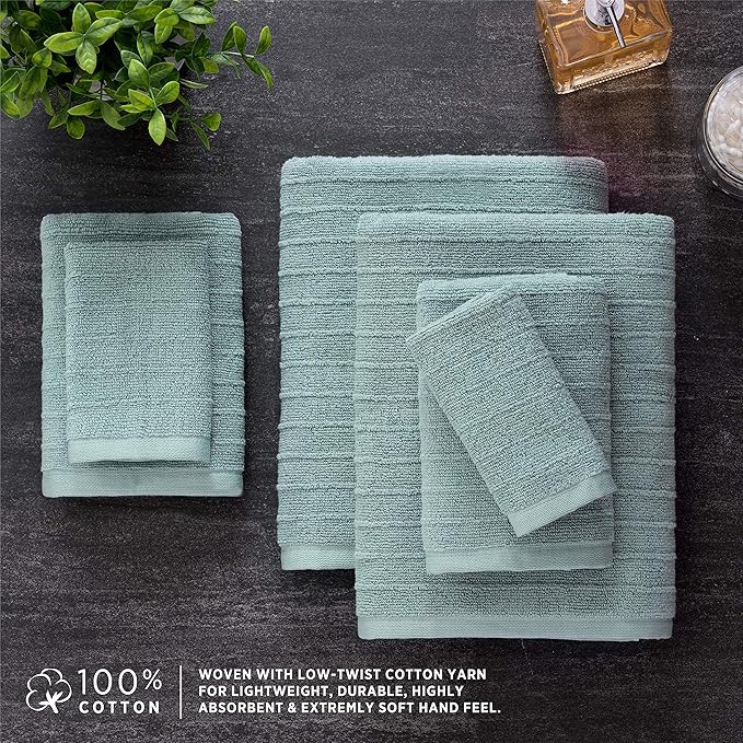 Welhome James 100% Cotton Textured Stripe Towel Set - 6 Piece Set of 2 Bath Towels, 2 Hand Towels, 2 Washcloths, Soft & Absorbent, Mineral