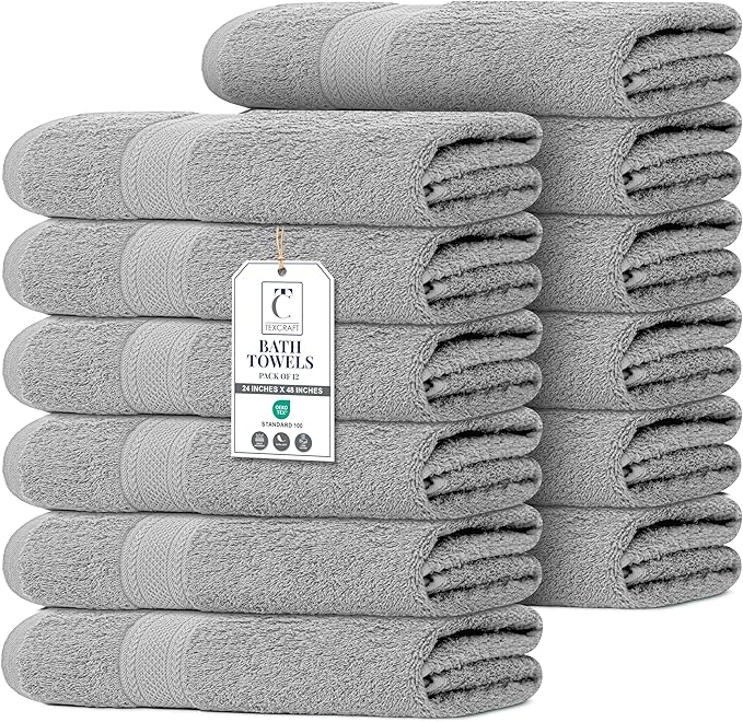 Commercial Bulk Pack of 12 Bath Towels – 100% Cotton Terry 24" x 48" – Ideal for Hotels, Salons, Gyms, Spas & Institutional Use – Light Grey