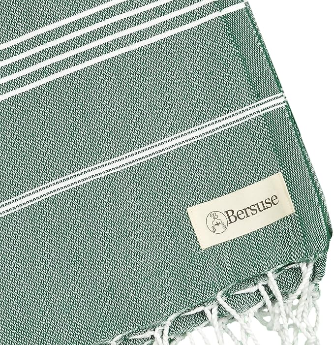 Bersuse Towels Anatolia XL Beach Blanket Throw Blanket Turkish Towel 100% Cotton Extra-Large Quick-Dry Lightweight Premium Peshtemal Towel - 61x82 Inches, Forest Green (Set of 6)