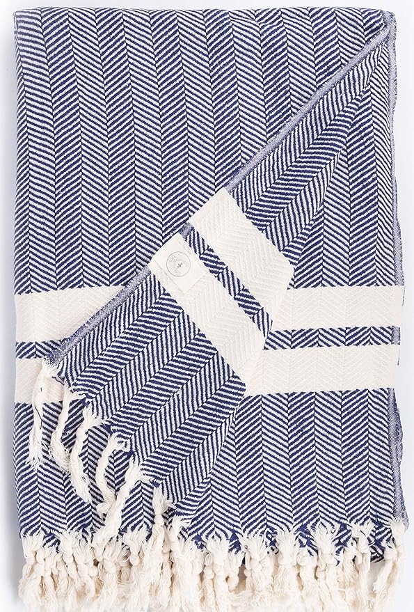Bersuse 100% Cotton Herringbone XL Throw Blanket for Couch - 100% Cotton Lightweight Durable Throw Blanket, Big Blanket for Sensitive Skin, Decorative and Versatile - 63x94 Inches, Dark Blue