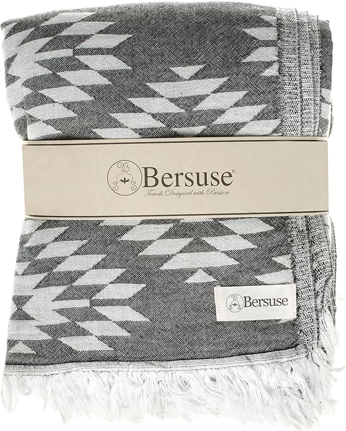 Bersuse 100% Cotton Teotihuacan XL Throw Blanket Turkish Towel Beach Blanket - Beach Camping Essentials - 75x90 Inches, Black
